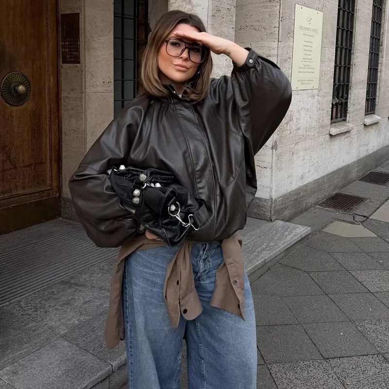 Women's Faux Leather Jacket 2026 New Fashion Autumn Black Oversizes Jacket Casual Chic Personality Ladies Outerwear