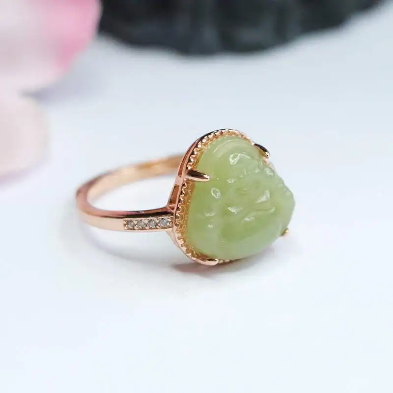 Hetian Qinghai Material Laughing Buddha Jade , 925 Sterling Silver Inlaid Adjustable Ring Women, Versatile