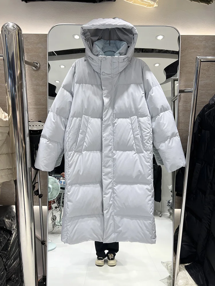 Vrouwen Dikker Effen Kleur Witte Eend Donsjacks Herfst Winter Losse Lange Capuchon Knie Over Rechte Buis Warme Jassen
