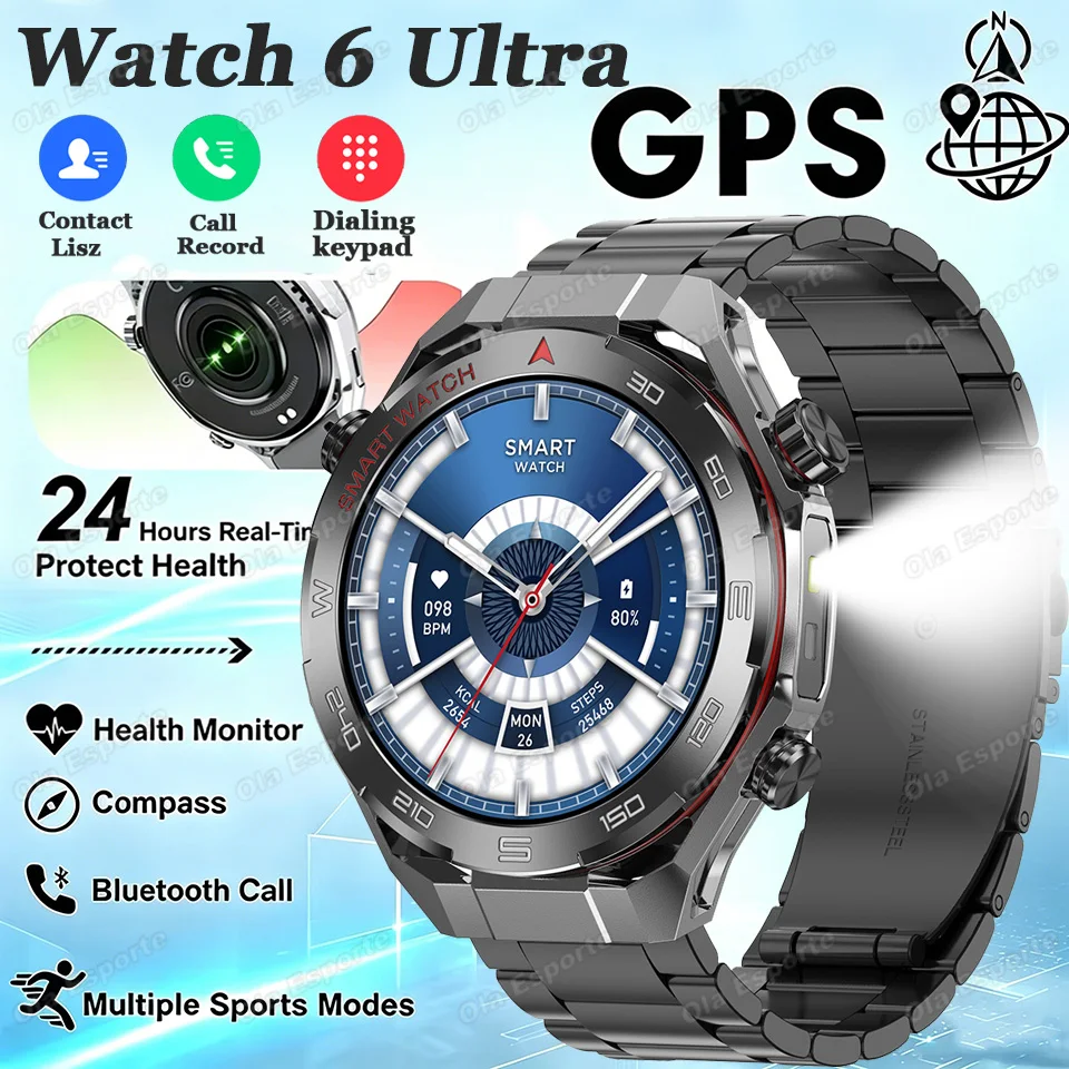 

2026 Military Outdoor Smart Watch 6 Ultra Compass GPS Track Heart Rate Bedside Lamp Flashlight Bluetooth Call Smartwatch HW12