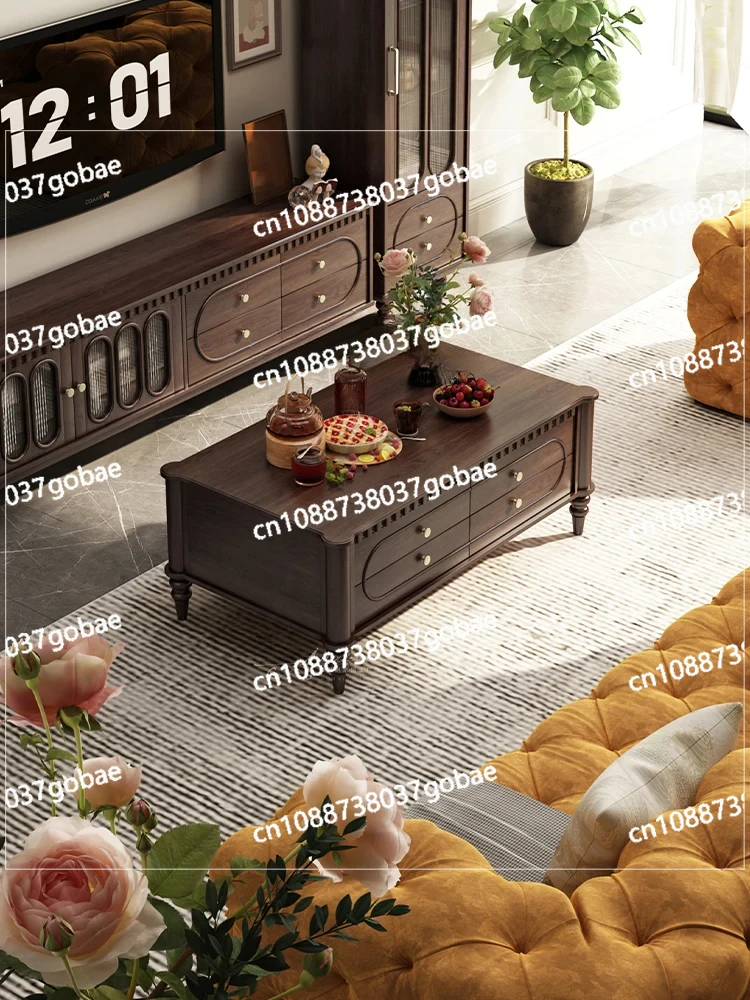 ZC solid wood coffee table TV cabinet combination retro style small apartment living room log tea table