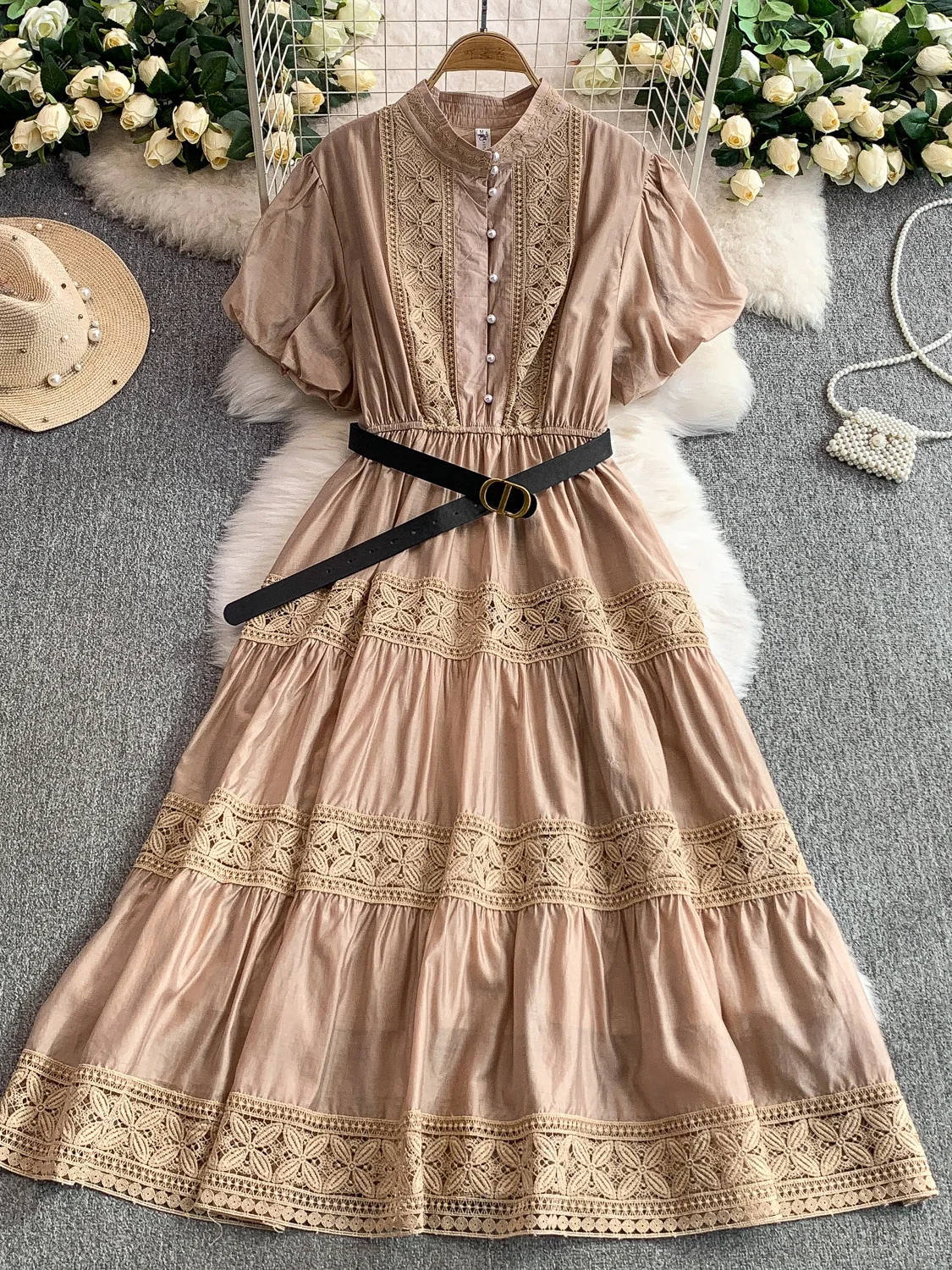 Vestido Retro com Detalhes em Renda, Gola Alta, Manga Bufante, Cintura Alta, Botão de Pérola, Vestido Maxi Estilo Coreano