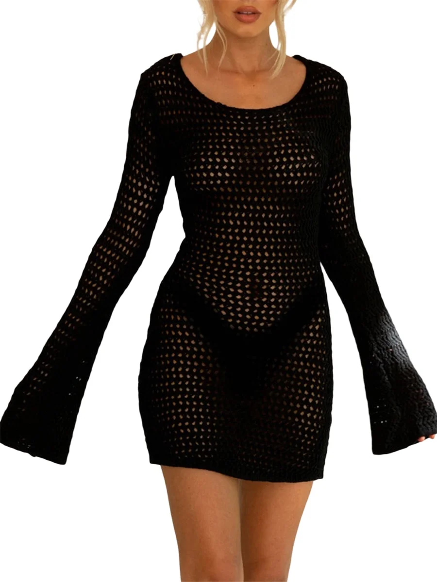 

Women Bikini Cover Ups Summer Crochet Cutout Backless Long Sleeve Mini Dress Beach Dress Bathing Suit Coverup