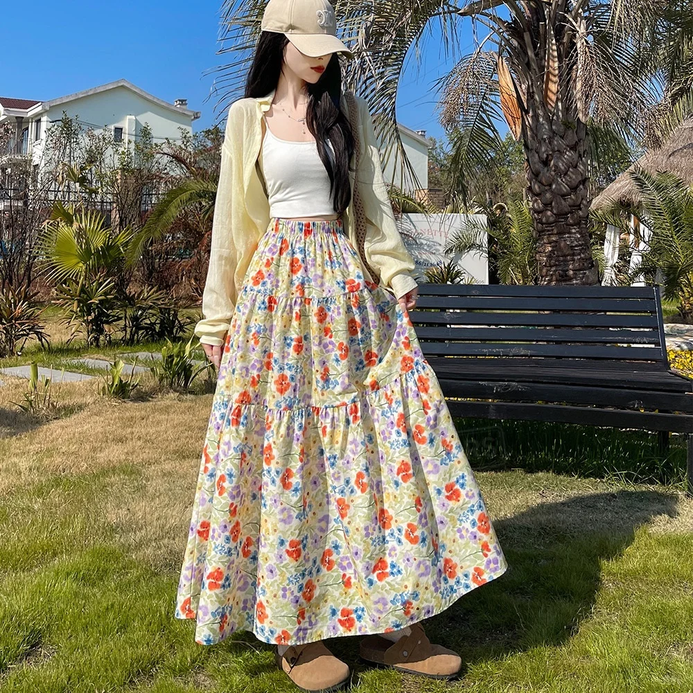 TFETTERS 2026 Spring and Summer Vintage Women Midi Ball Gown Skirt Floral Colorblock Slight Stretch Polyester Skirts for Women