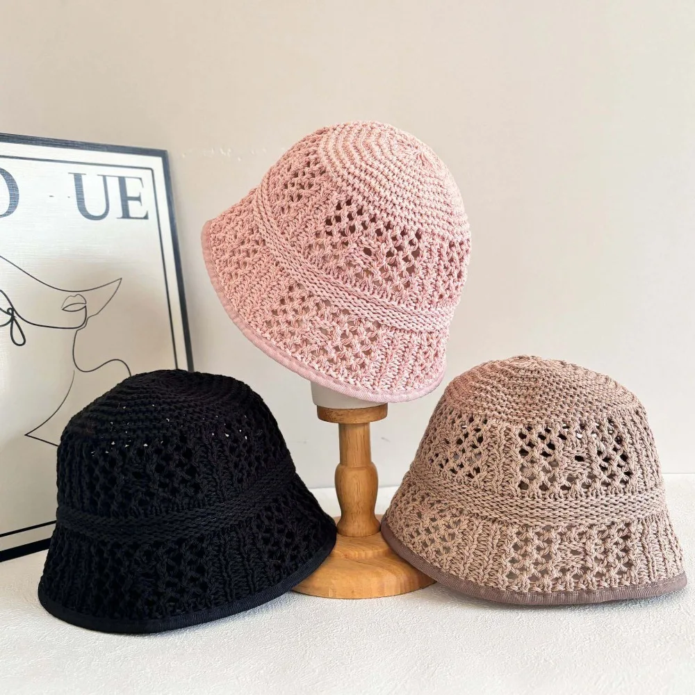 

Temperament Knitted Bucket Hat Breathable Hollow Out Sunshade Basin Cap French Style Solid Color Sun Protection Cap Outdoor
