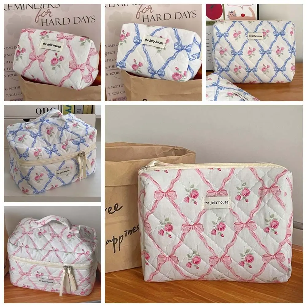 Bowknot Flower Large Cosmetic Bag Pink Blue Jewelry Storage Bag Coin Purse Quilted Cotton Zipper Lipstick Storage Bag Storage