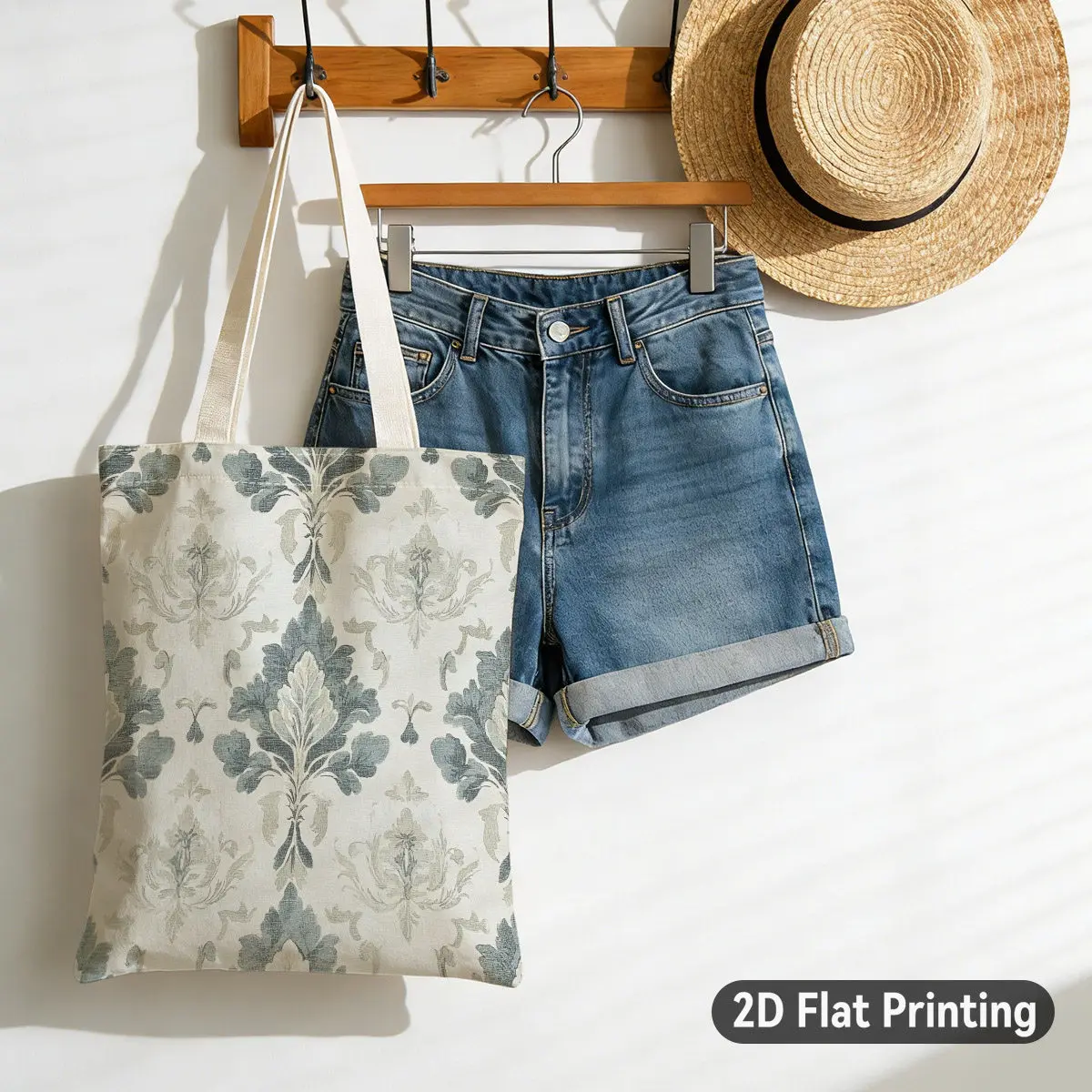 2D Flat 1pc Vintage Style Floral Damask Pattern Durable Tote Bag, Duplex Prints Elegant Gray Blue Leaves, Ideal for Grocery Shop