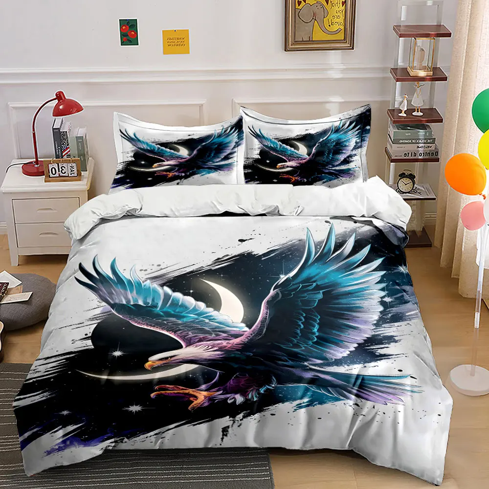 Majestic Eagle Soaring in Night Sky Print Bedding Set 1 Duvet Cover 2 Pillowcases for Adult and Children Luxury Gift Full Size