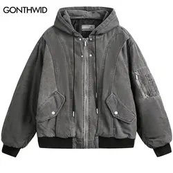 Vintage Winter Hooded Jackets Y2K Hip Hop Solid Military Tactical Thick Warm Bomber Coat Streetwear Men Harajuku  Baggy Jacket