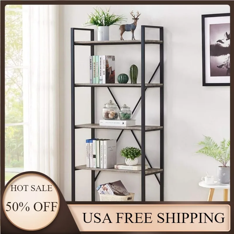 

BON AUGURE 5 Tier Industrial Bookshelf, Rustic Wood and Metal Shelving Unit (Dark Gray Oak)12.67"D x 29.52"W x 65.55"H