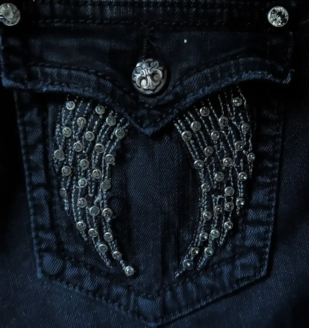 جينز عتيق Y2K ملابس نسائية هاراجوكو قوطي جيب مطرز فضفاض جينز أمريكي أسود سروال عالي الخصر نحيف #4