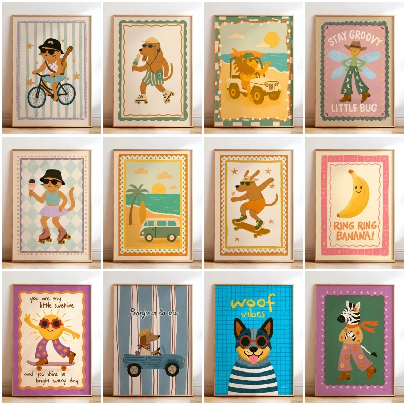 Vintage Animal Illustration Poster Boho Nursery Print Canvas Painting Retro Kid Wall Art Picture for Groovy Kids Room Home Decor