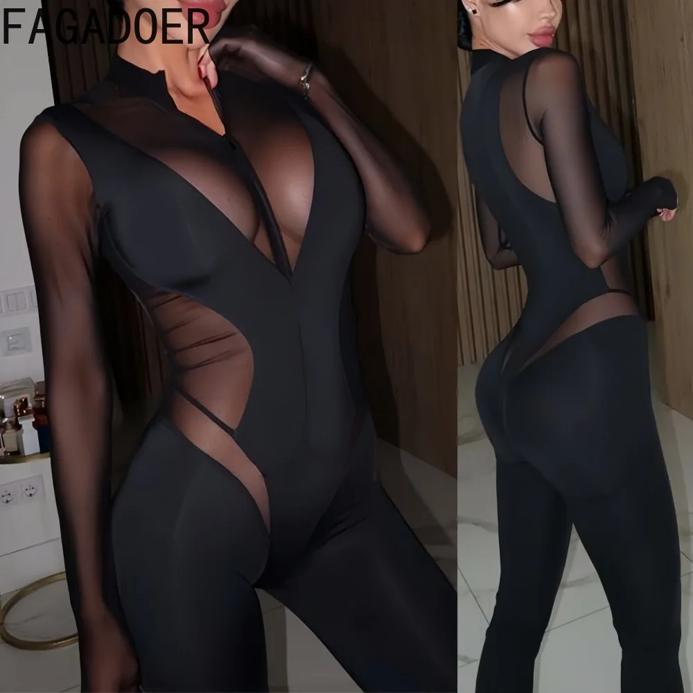 

Сексуальный комбинезон FAGADOER из сетки с прозрачными вставками, облегающий, однотонный, с длинными рукавами, на молнии, женский, уличный стиль
