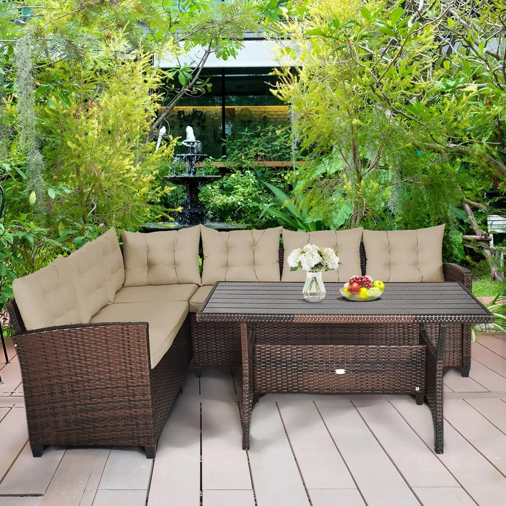 

3PCS Rattan Dining Sofa Set w/6 Cushioned Seats Patio Furniture
