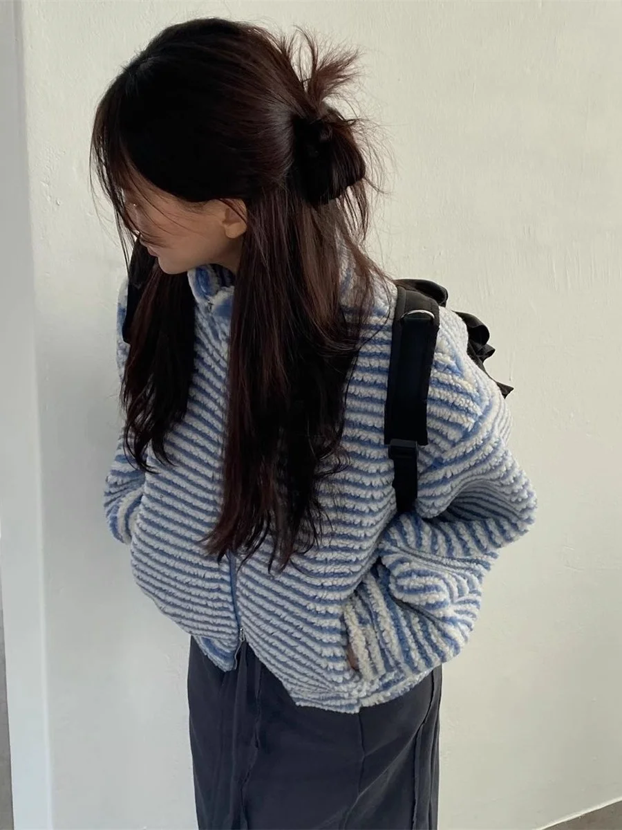 

Classic Autumn Winter Lamb Fur Jaet Loose Casual Sle Double Zipper Stand Collar Striped Pattern Women's ort Coat