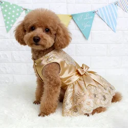 Champagne Dog Dresses for Small Dogs Girl with Bow Decor Luxury Cat Dog Wedding Dress with Multi-Layer Embroidered Flower