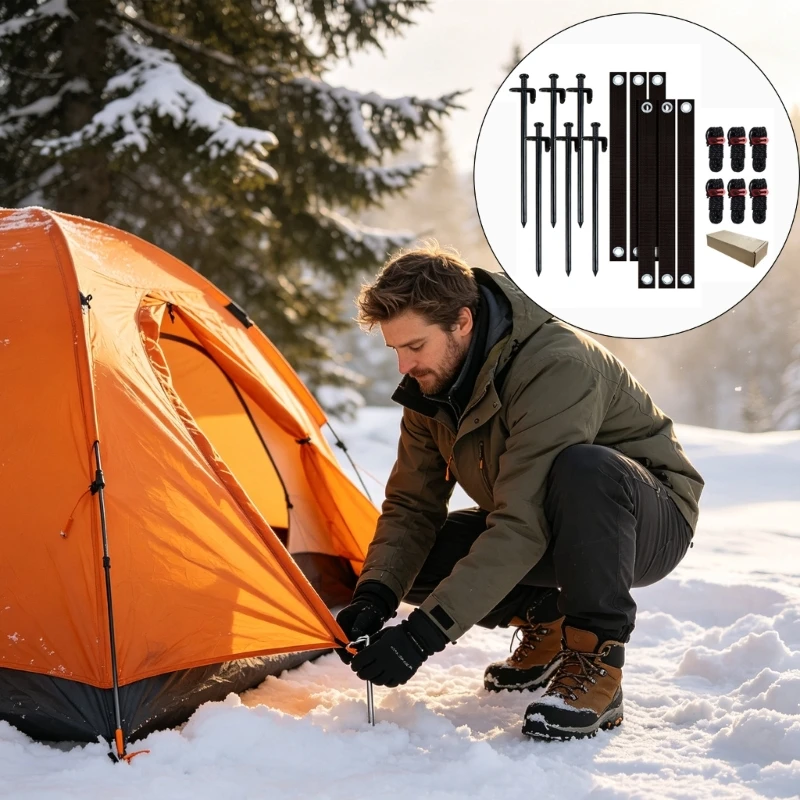 Camping Tent Stakes Set, 6 Carbon Steel 90 Degree Stakes with 6 Cords and 6 Tie Strap for Shelter Hold Use Y5GB