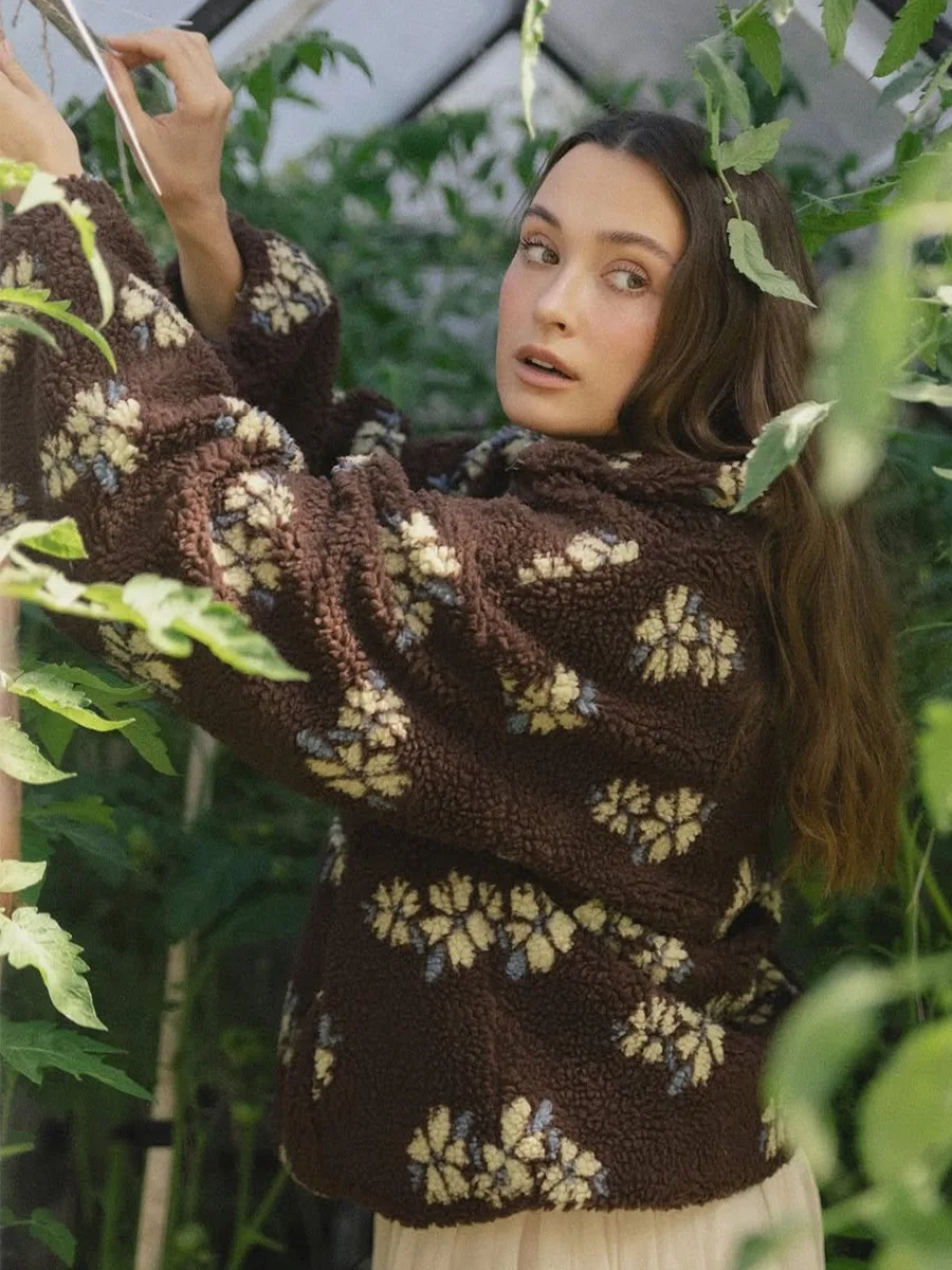 TWOTWINSTYLE Flower Loose Fleece Sweatshirt for Women Lapel Long Sleeve Spliced Zipper Warm Pullovers Female 2025 Autumn Style