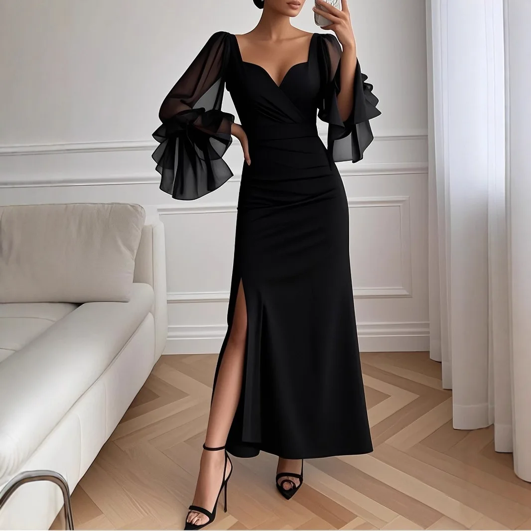 

Elegant Women Dress 2025 Black Fashion Square Neck See-Through Ruffled Sleeves Split-side Formal Party Gown Maxi Dresses Vestido