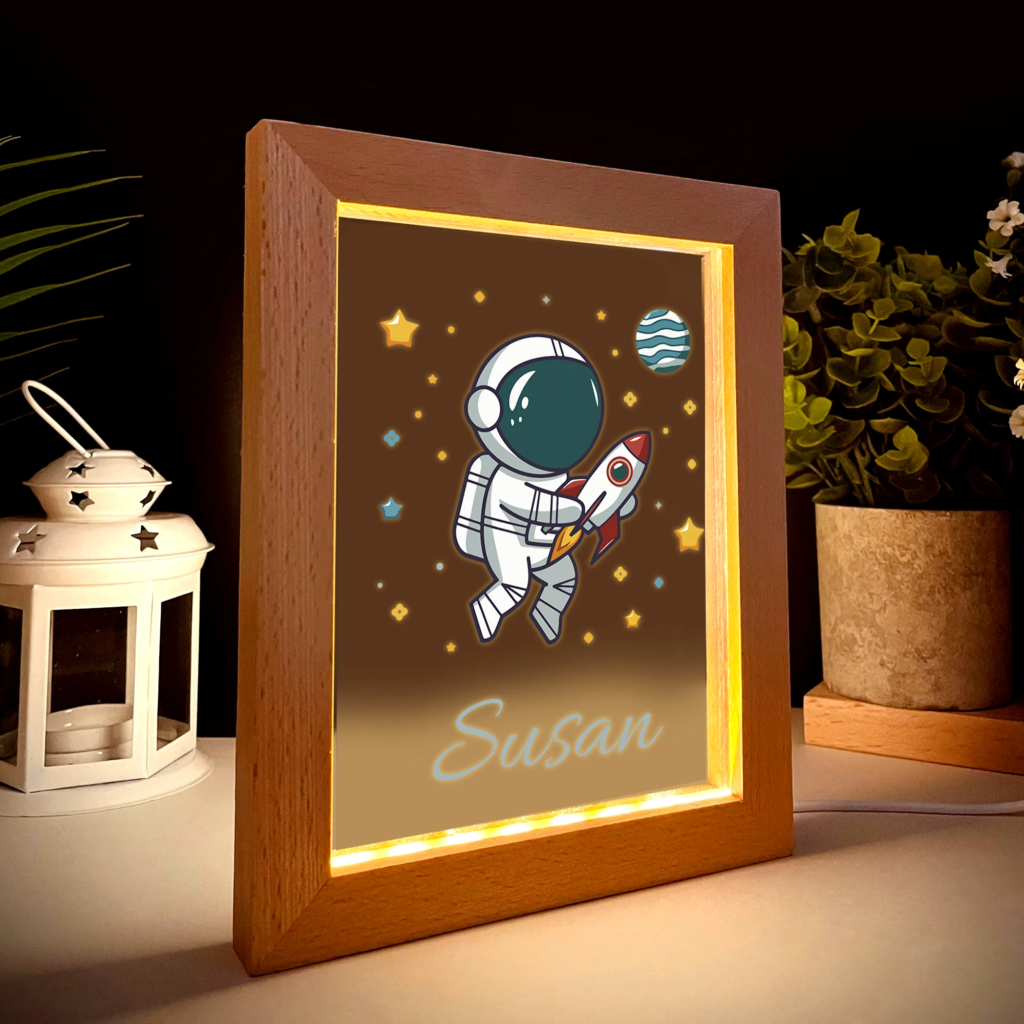 Nome personalizado astronauta foguete led acrílico luz noturna moldura de madeira 21x17cm dos desenhos animados crianças quarto presentes decoração para casa presente