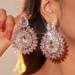 Shine Pink Flower Crystal Drop Earrings Water Drop Geometric Rhinestones Earrings Women Fashion Jewelry