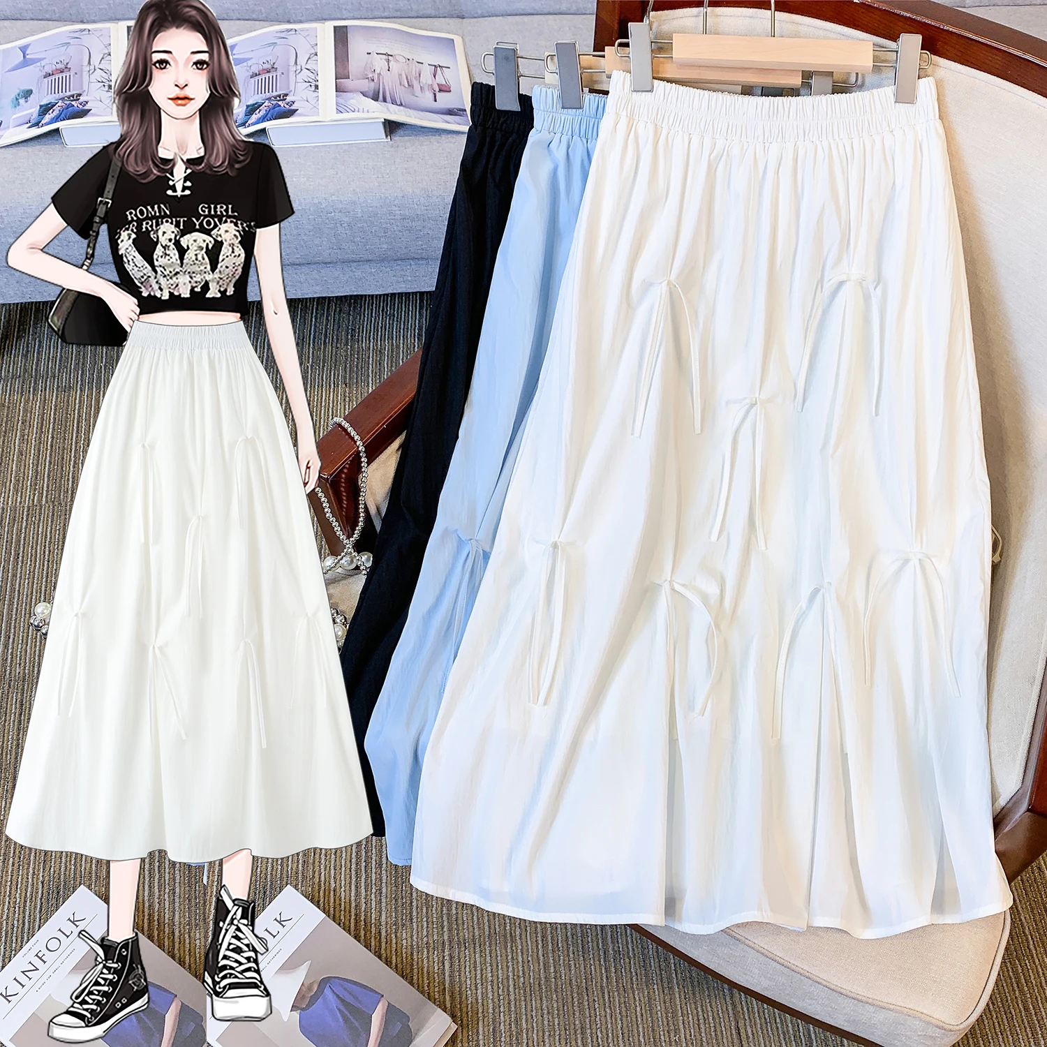 

Korean Style Women's Summer New Knot Half Skirt A-Line Skirt Drapey High Waist Embroidered Loose Fit Commute Artistic