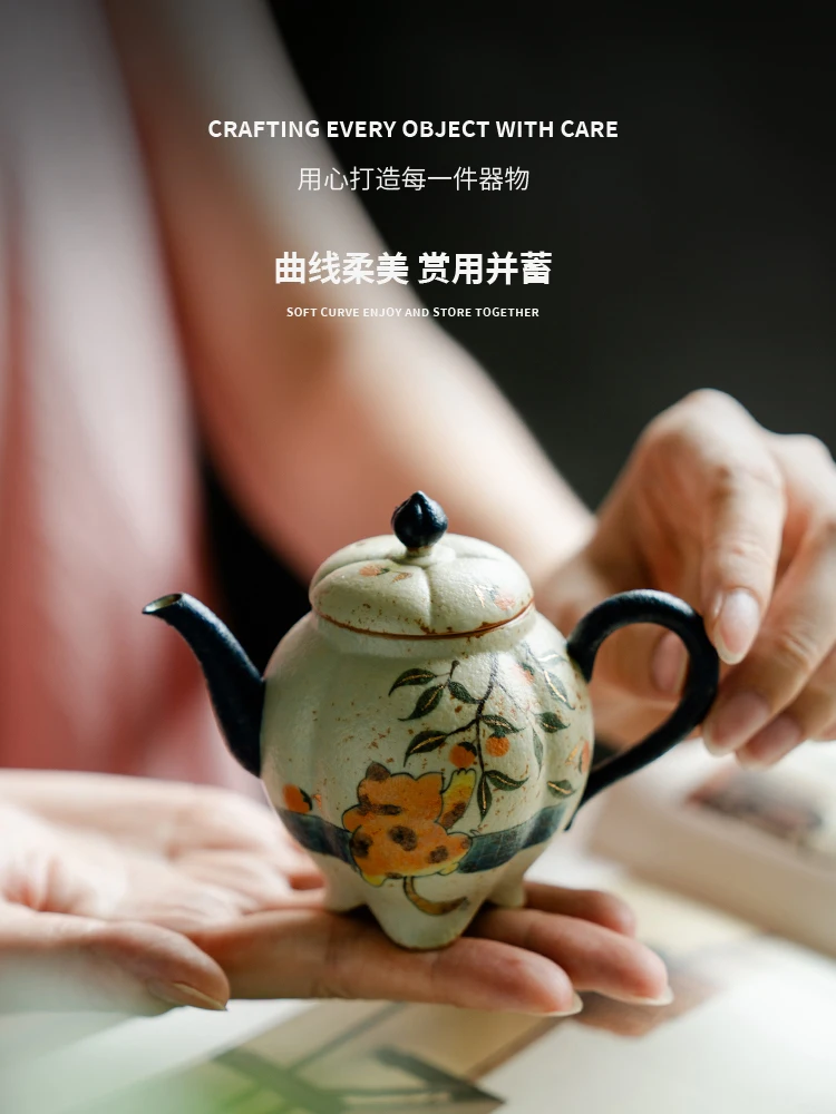 Retro Pure Hand Drawing Orange Tabby Cat Steal Persimmon Ceramic Single Teapot Chinese Set Female Household Maker