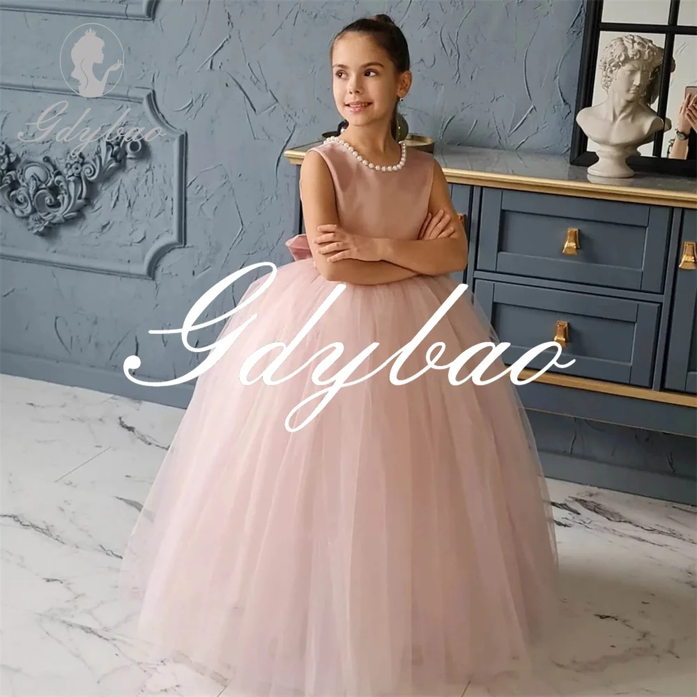 

Beading O Neck Luxury Bow Backless Formal Pleat Flower Girl Dresses Sleeveless Elegant Floor Length Communion Girl Gowns