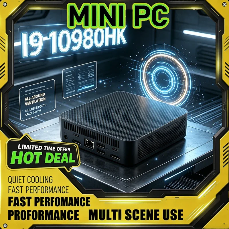 I9 10980HK Mini PC Carbon Fiber Texture All‑Round Ventilation Multiple Ports Space‑Saving Small Desktop for Home Office Business