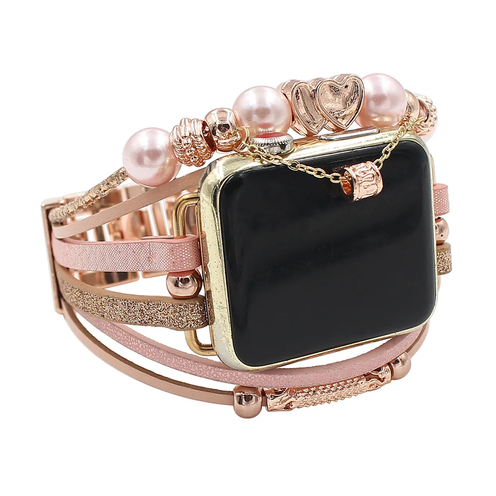 Luxury Leather Strap For Apple Watch 7 41mm/45mm 44mm/40mm 38mm 42mm women Metal charm bracelet iwatch series 5 4 3 6 SE band