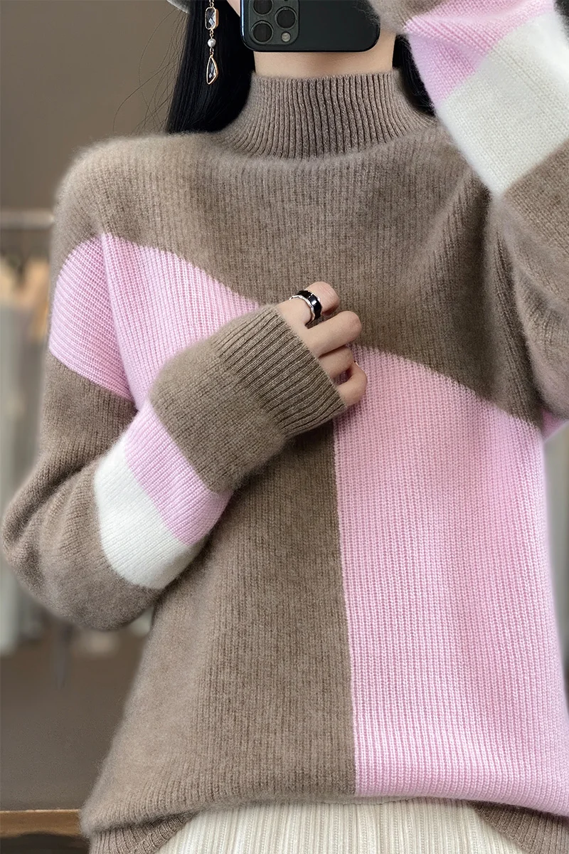 

Autumn and Winter New 100% Pure Wool Contrast Inner Style Fashion Half High Neck Pullover Women's Loose Knitted Sweater