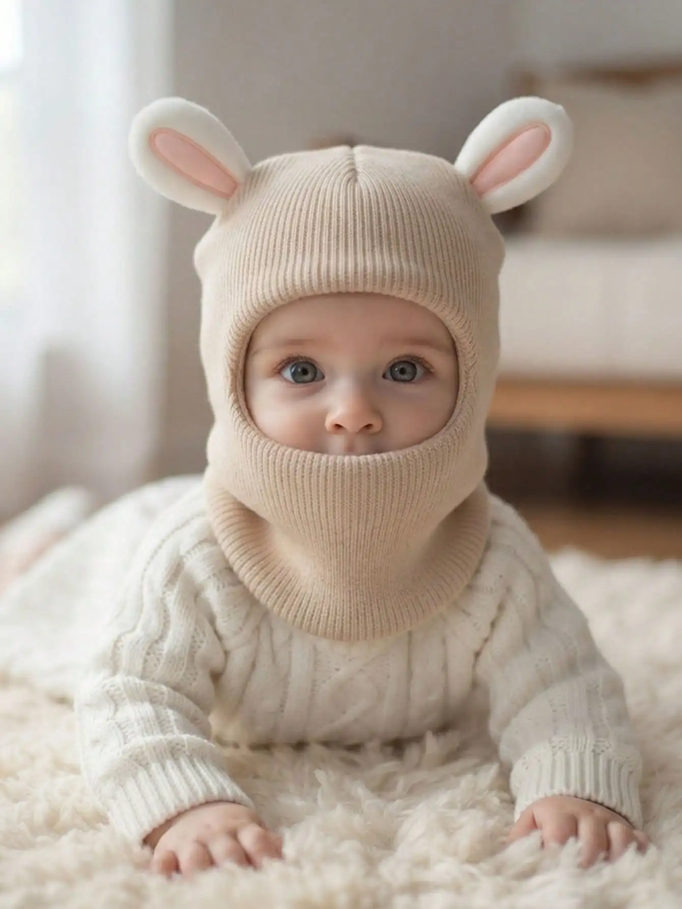 1 Stück 6M-4Y Kleine Mädchen 3D-Kaninchen-Balaclava-Strickmütze, Niedliche Kaninchenohren Weiche Leichte Kinderkopfbedeckung für den Alltag – Detail 9