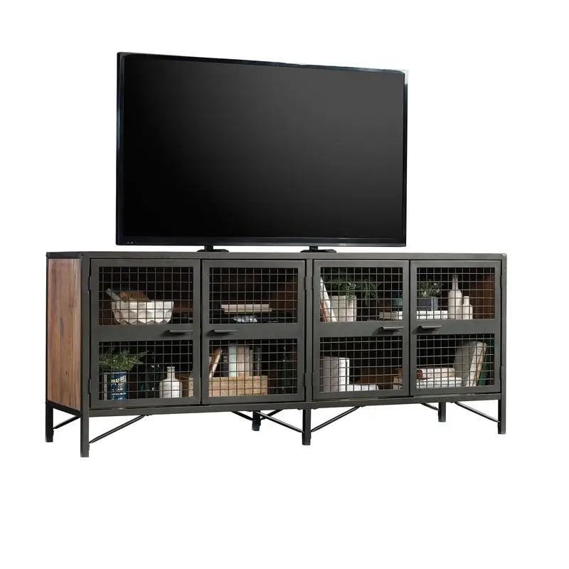 TV-standaard voor tv's tot 60 inch, bruine afwerking, modern design, opbergkast, zit plat tegen de muur, perfect voor woonkamer of