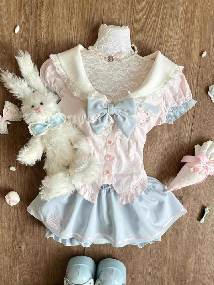 جرلي الصيف نمط Preppy الربط شيك مجموعات النساء البحرية طوق قميص + تنورة منتفخة دعوى الحلو عالية الخصر 2 قطعة مجموعة 2025 جديد