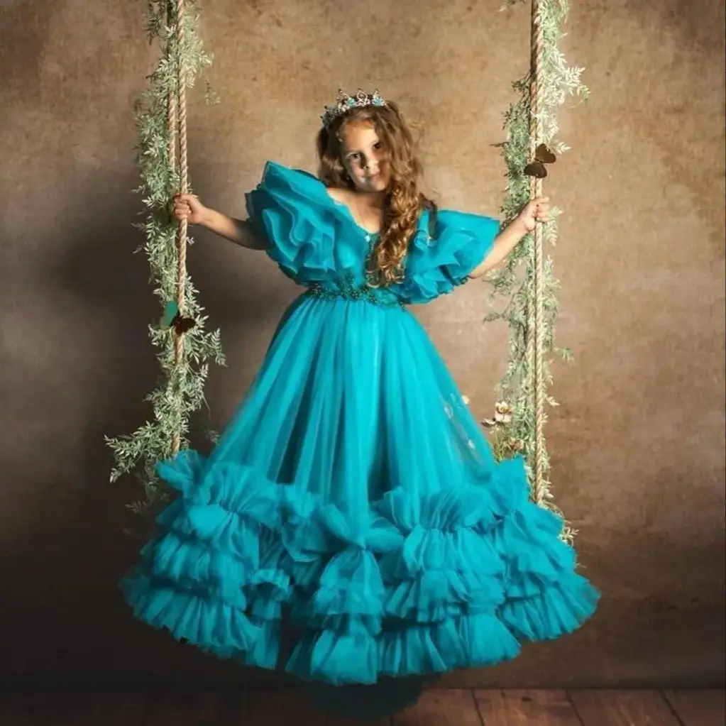 

Green Ball Gown Flower Girl Dresses Tiered Ruffles Sweep Train Kids Birthday Party Gowns Beads Children First Communion Dresses