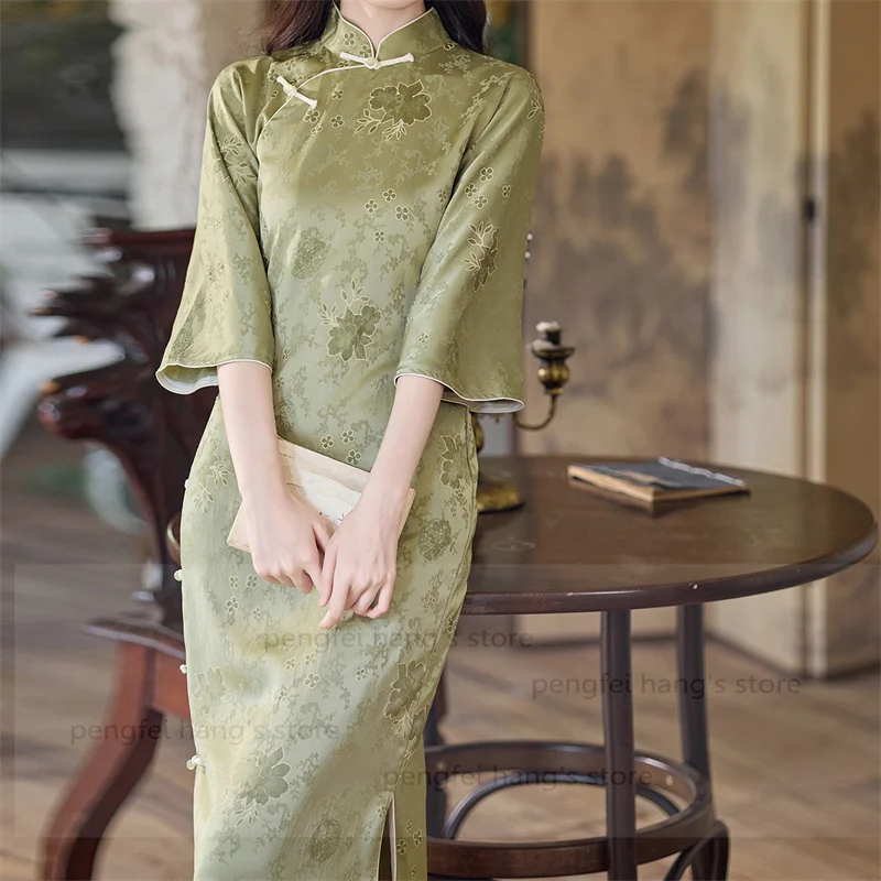 

Young Women Qipao Green Flower Print Chesongam Sexy Improved New Chinese Style Dress Satin Hanfu Costume Summer Vestidos