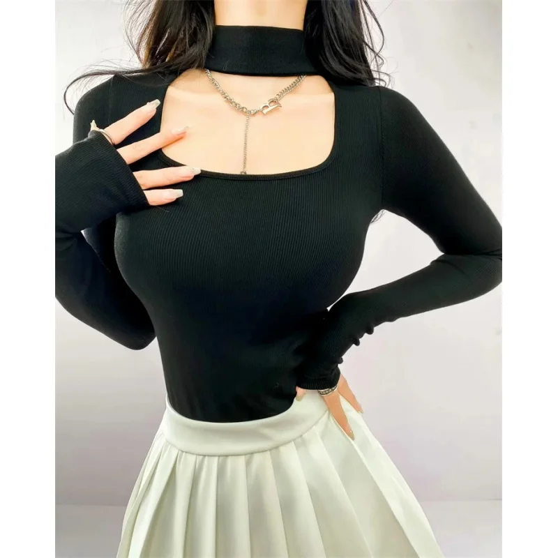 Sexy Socialite Style Sweater Sweet and Spicy Square Collar Long-Sleeved Multicolor Slim-Fit Suspenders Trendy Early Autumn Top