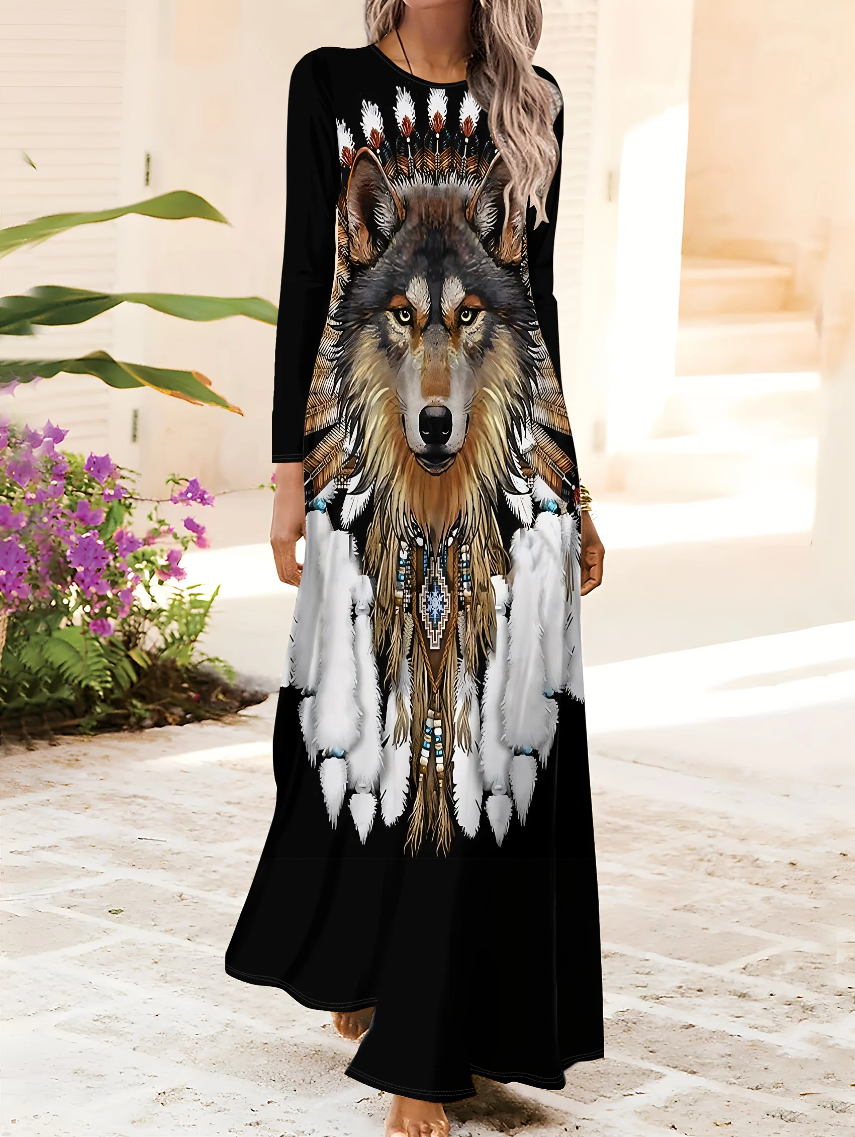 Women's Long Sleeve Round Neck Dress Vacation Style Boho Elegant Maxi Dress Tribal Art Inspired Flowy Summer Dress