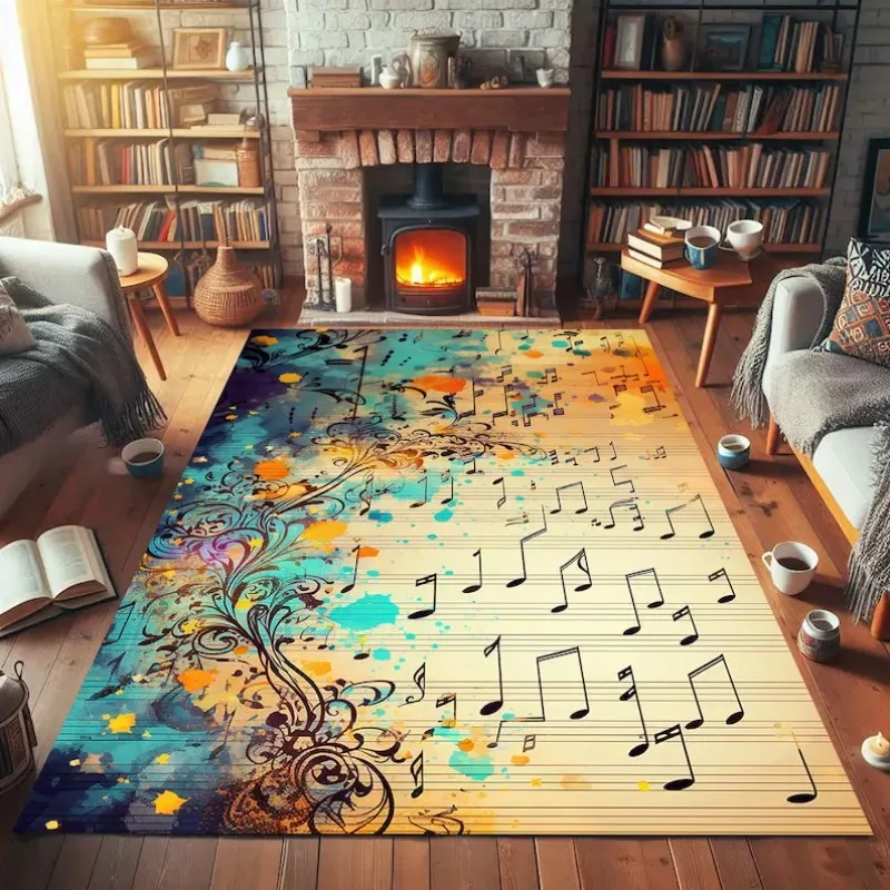 Vintage Watercolor Music Note Area Rug Color Splash Swirl Treble Clef Staff Print Non Slip Floor Mat for Living Room Home Decor