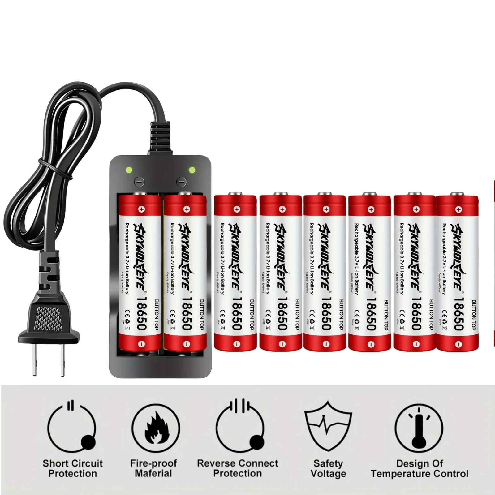

Skywolfeye 1pc 2 Slot Wall Plug Battery Charger with 8pc 3.7V 18650 Llithium Lion Rechargeable Battery