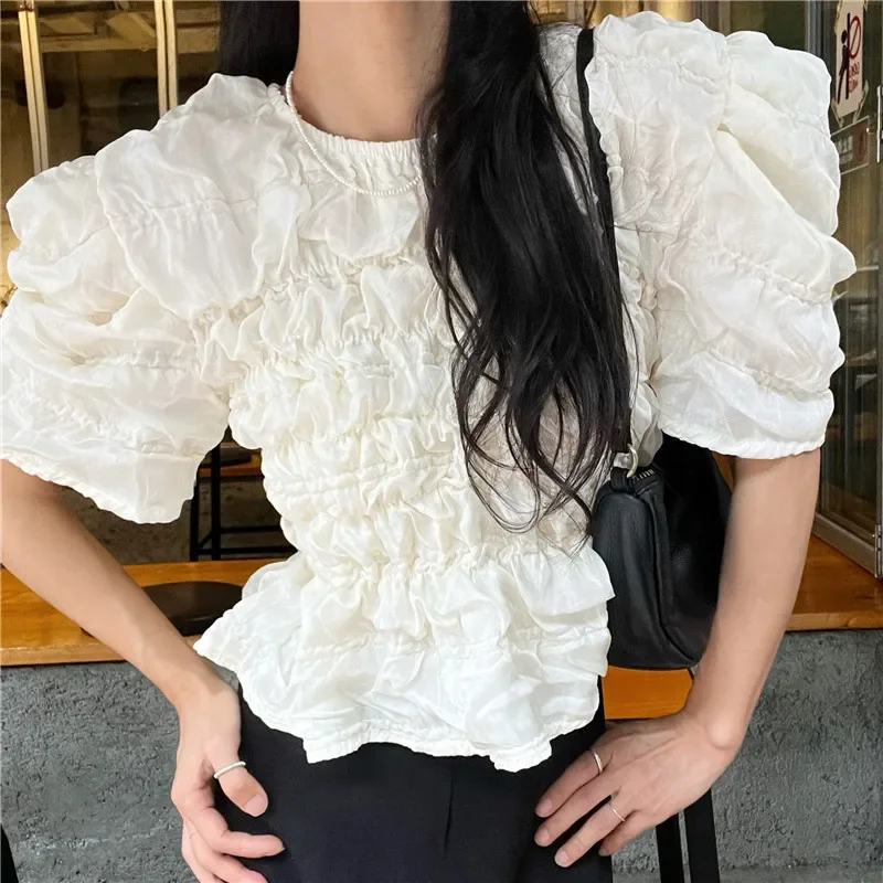 

Party Temperament Puff Sleeve Tops Women Pleated Fashion Shirts Korean Summer O Neck Black Blouse 2023 Blusas De Mujer