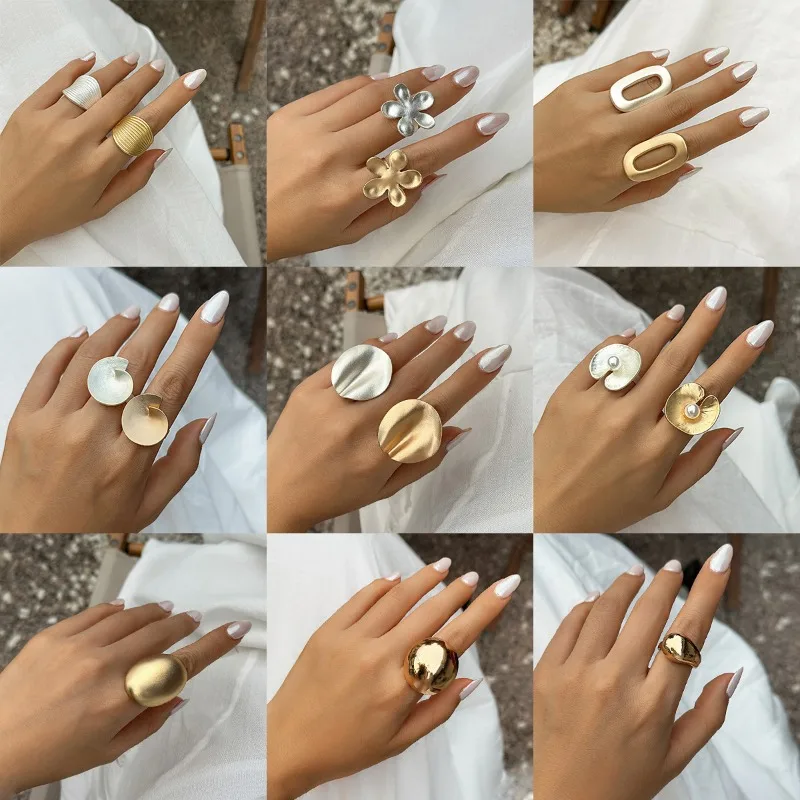 Golden Silver Color Irregular Wrinkled Metal Opening Rimgs for Women Girls Simple Personality Flower Metal Geometric Rings Gifts