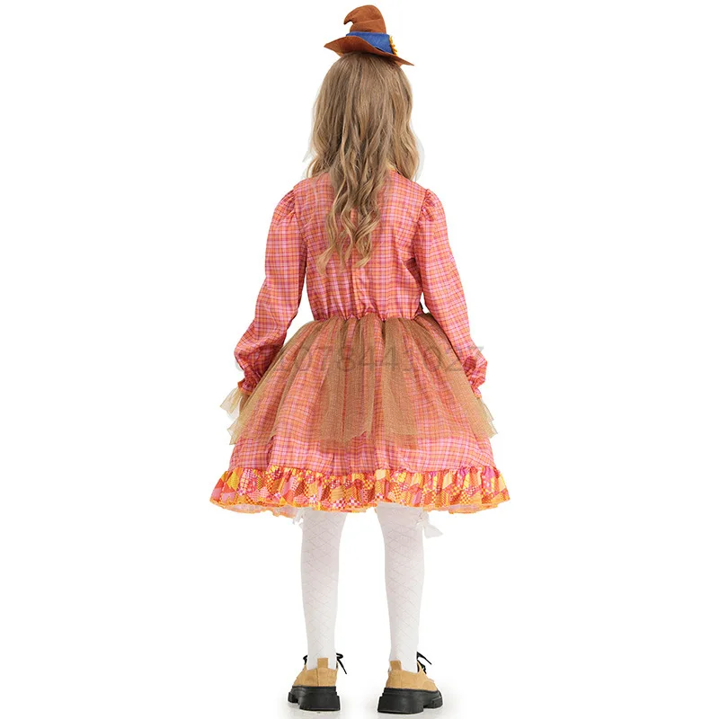 Vêtements de fermier d'Halloween pour enfants, robe d'épouvantail pour filles, costume d'horreur effrayant, robe de jeu en plis pour enfants