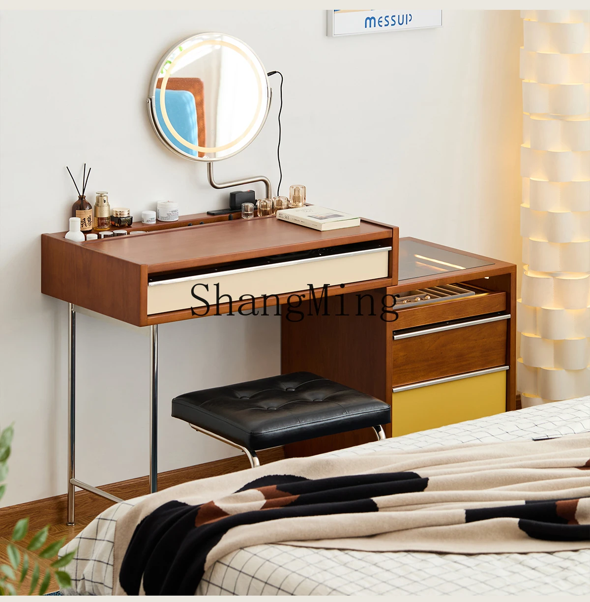خزانة صدر من الخشب الصلب HJ، خزانة تخزين متكاملة لشقة صغيرة وغرفة نوم رئيسية وطاولة بجانب السرير العتيقة ومرآة طاولة مكياج #6
