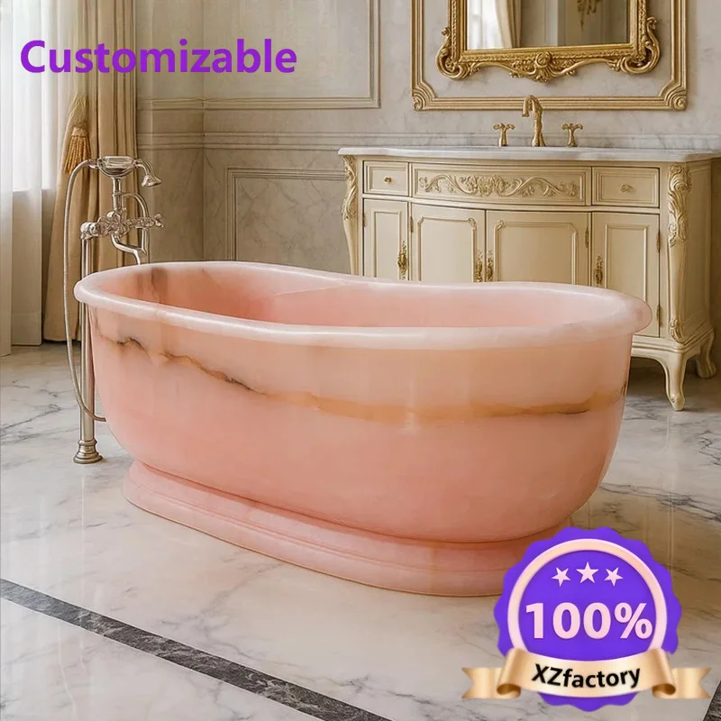 Factory Direct 2026 Top RatedNatural stone pink agate bathtub hand-carved oval spa bathtub hotel villa bathroom decoration