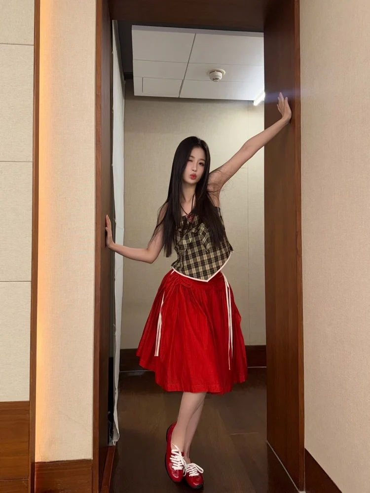 

Marchan Red Plaid Tube Top Skirt Tennis Lon Asymmetrical Pleated Skirt Casual High Waist Cotton A-Line Skirt
