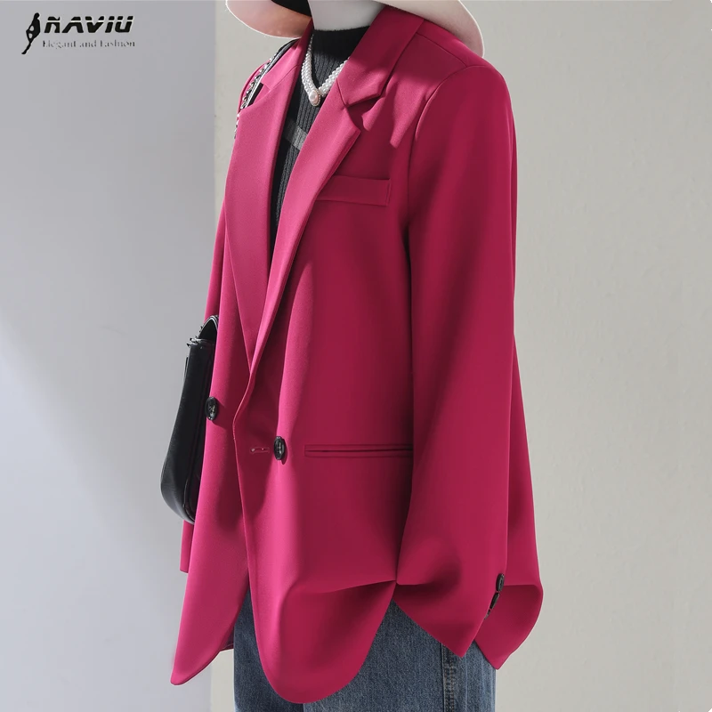 

NAVIU Spring Autumn Women Blazer Rose Red Blazers Ladies Business Work Long Sleeve Double Breasted Formal Casual Jacket Coat