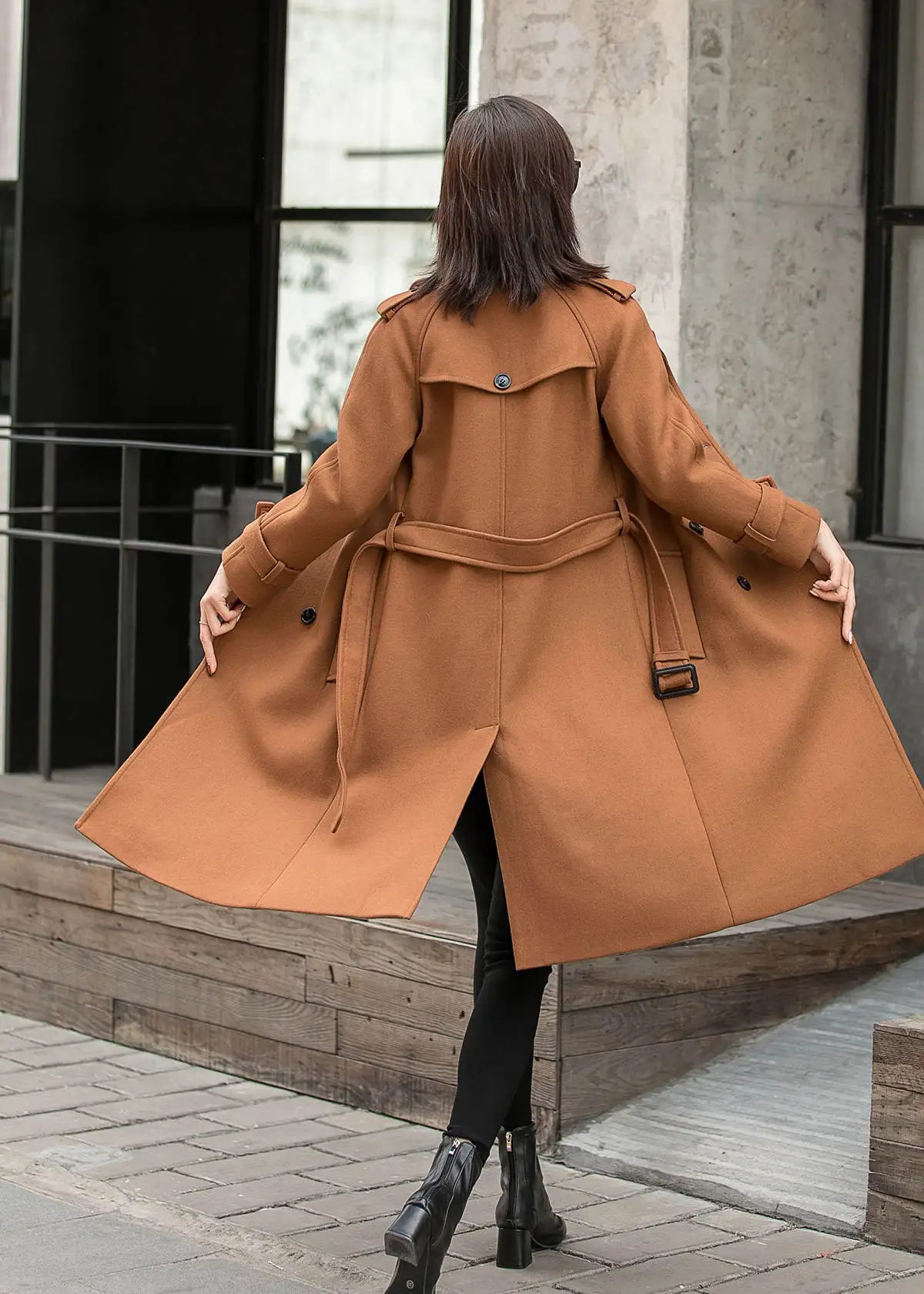 Brown Winter Warm Woolen Women Long Jacket With Sash Slim Fit Blazer One Piece Office Lady Street Wear Customized