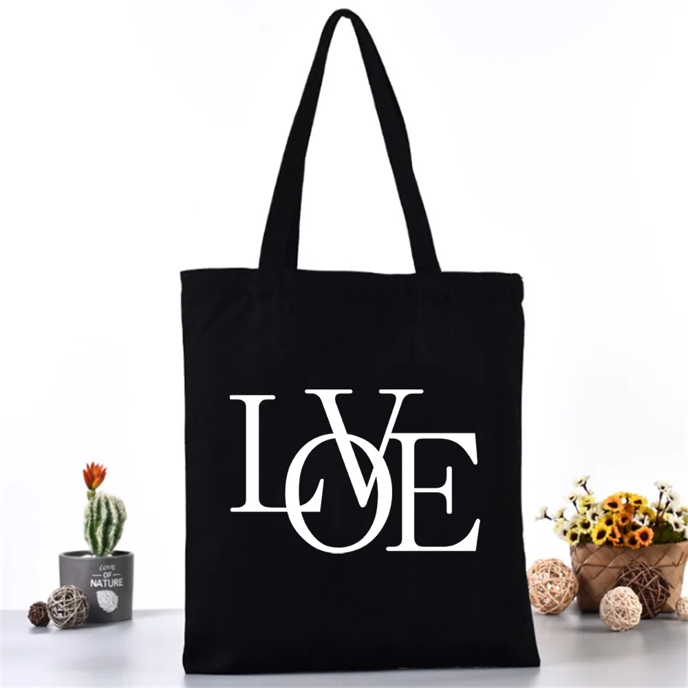 Canvas Shoulder Bag Women\'s Reusable Shopping Bags Ladies Fashion Handbags Storage Bag Text Printing Casual Tote for Girls