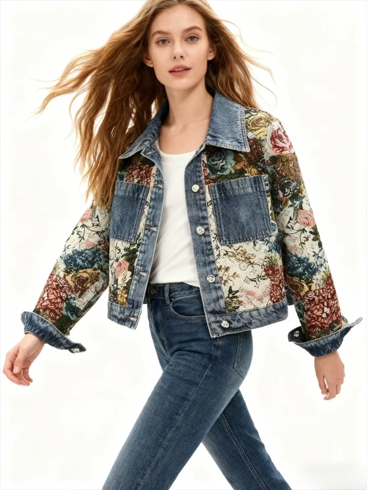 

Beautyblue джинсовая куртка с цветочным принтом для женщин, новая элегантная куртка с воротником с лацканами, свободные передние карманы, винтажная трендовая женская верхняя одежда, пальто